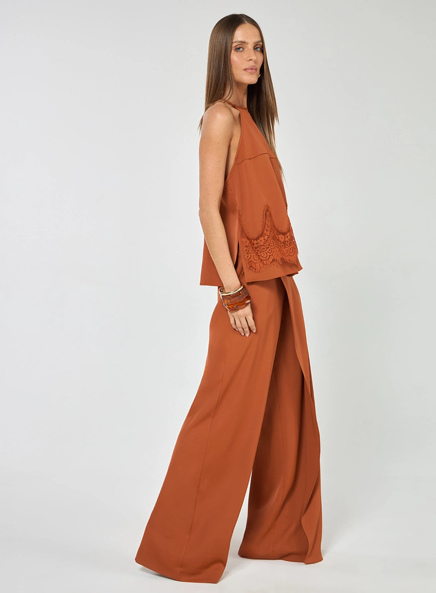 Conjunto Blusa Renda Calça Sobreposição Marrom Nordest