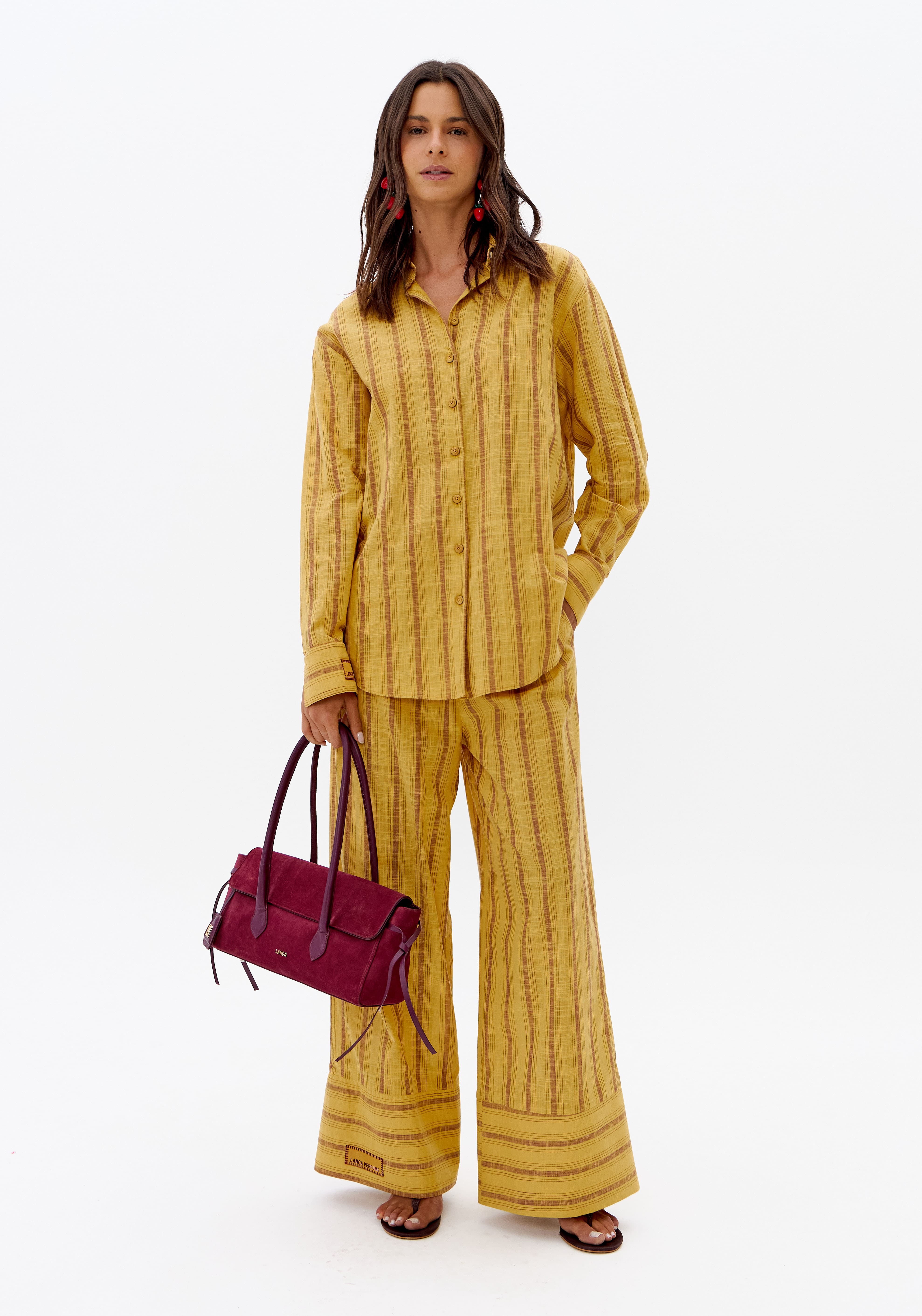 Calça Wide Leg Listrada De Algodão