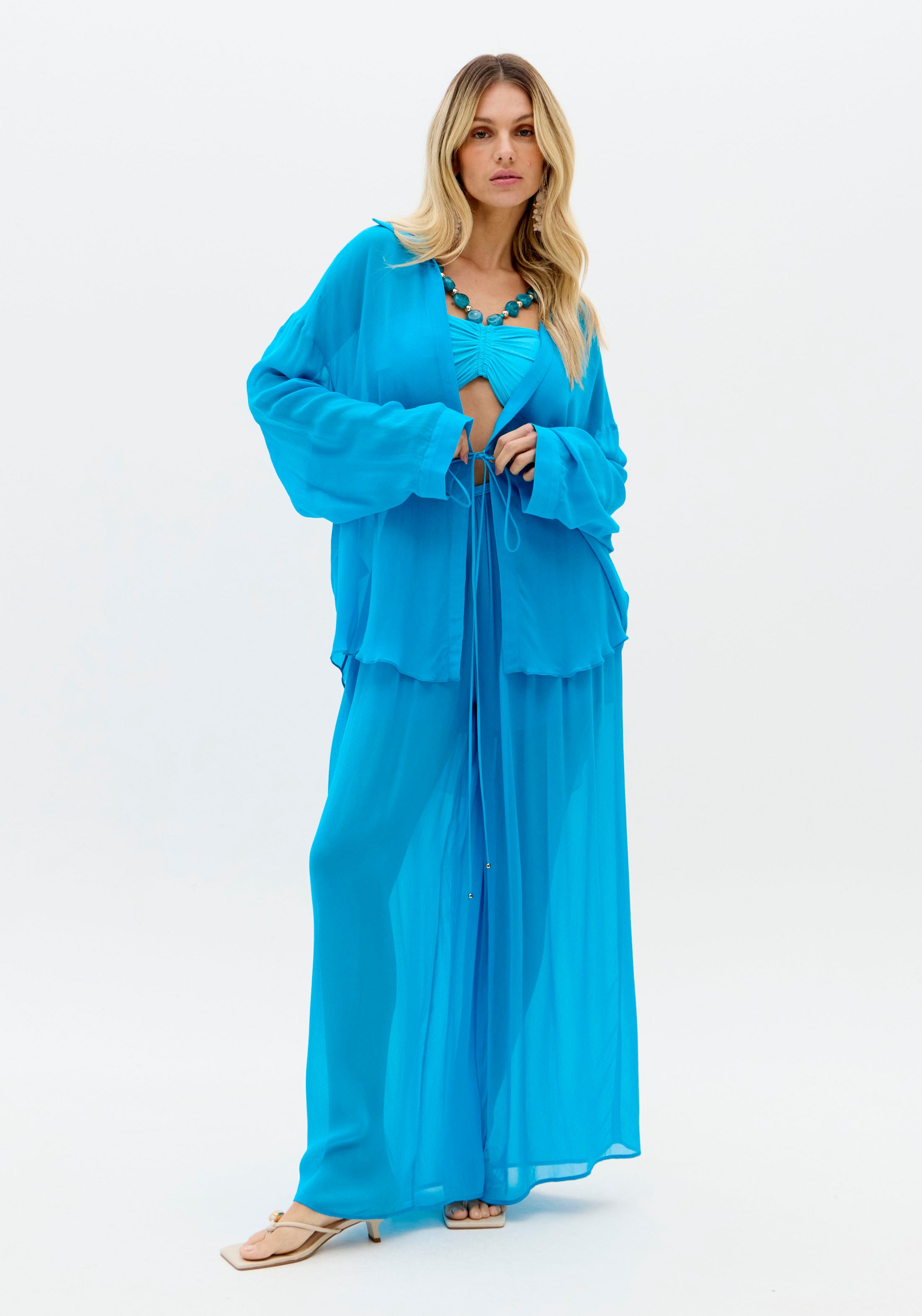 Camisa Longa Com Amarração Azul