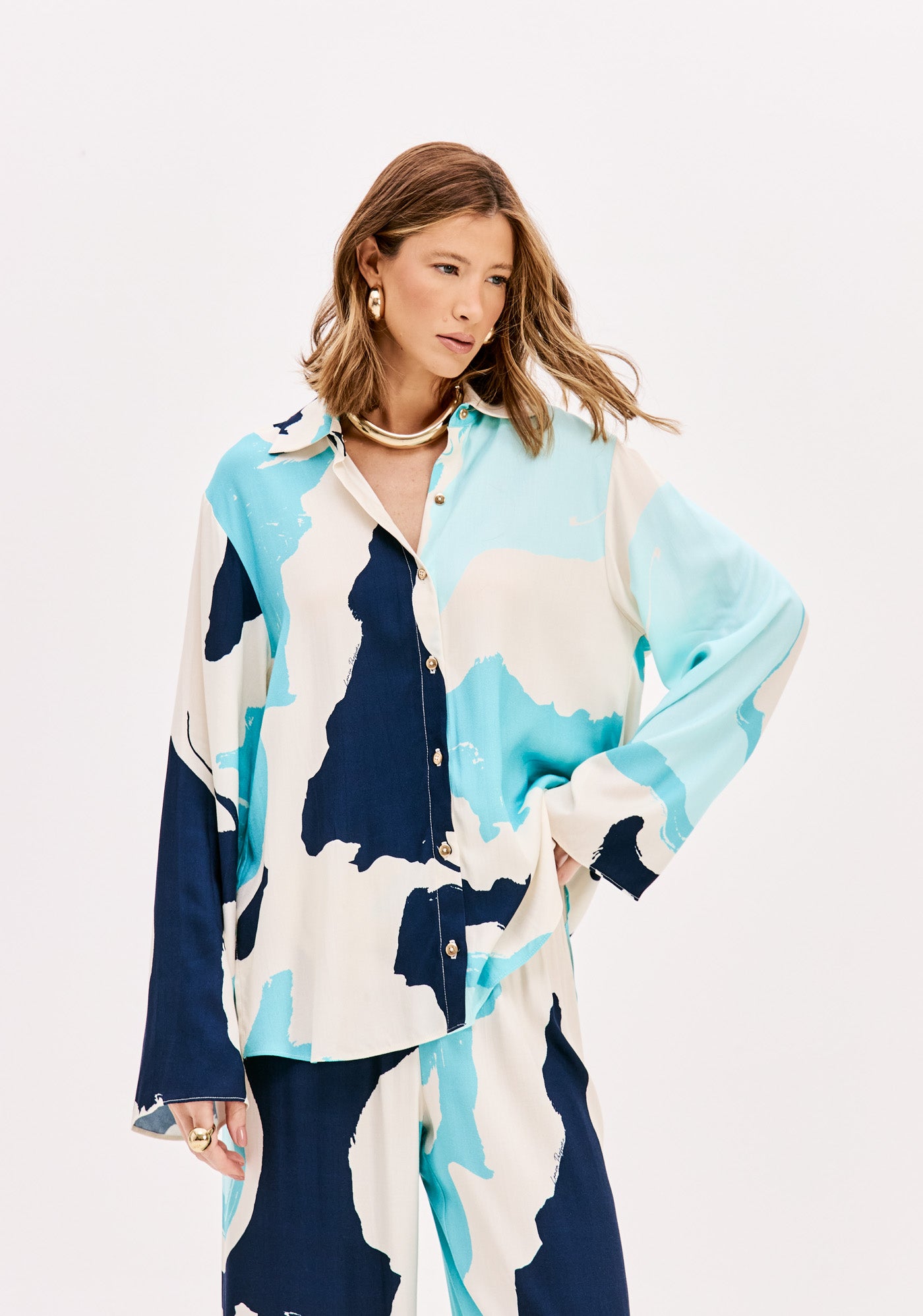 Camisa Ampla Manga Longa Azul