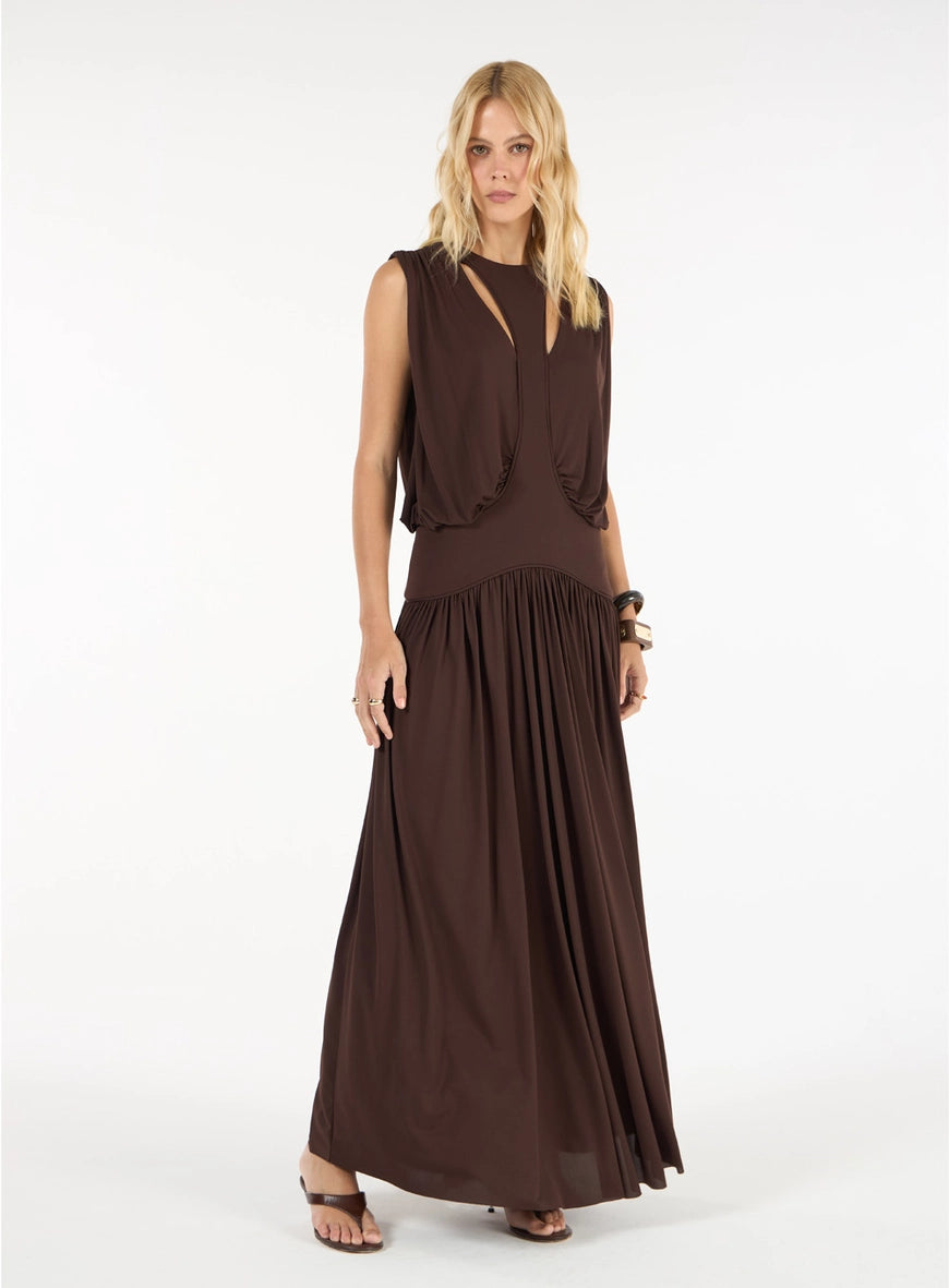 Vestido Longo Pala Curvada Marrom