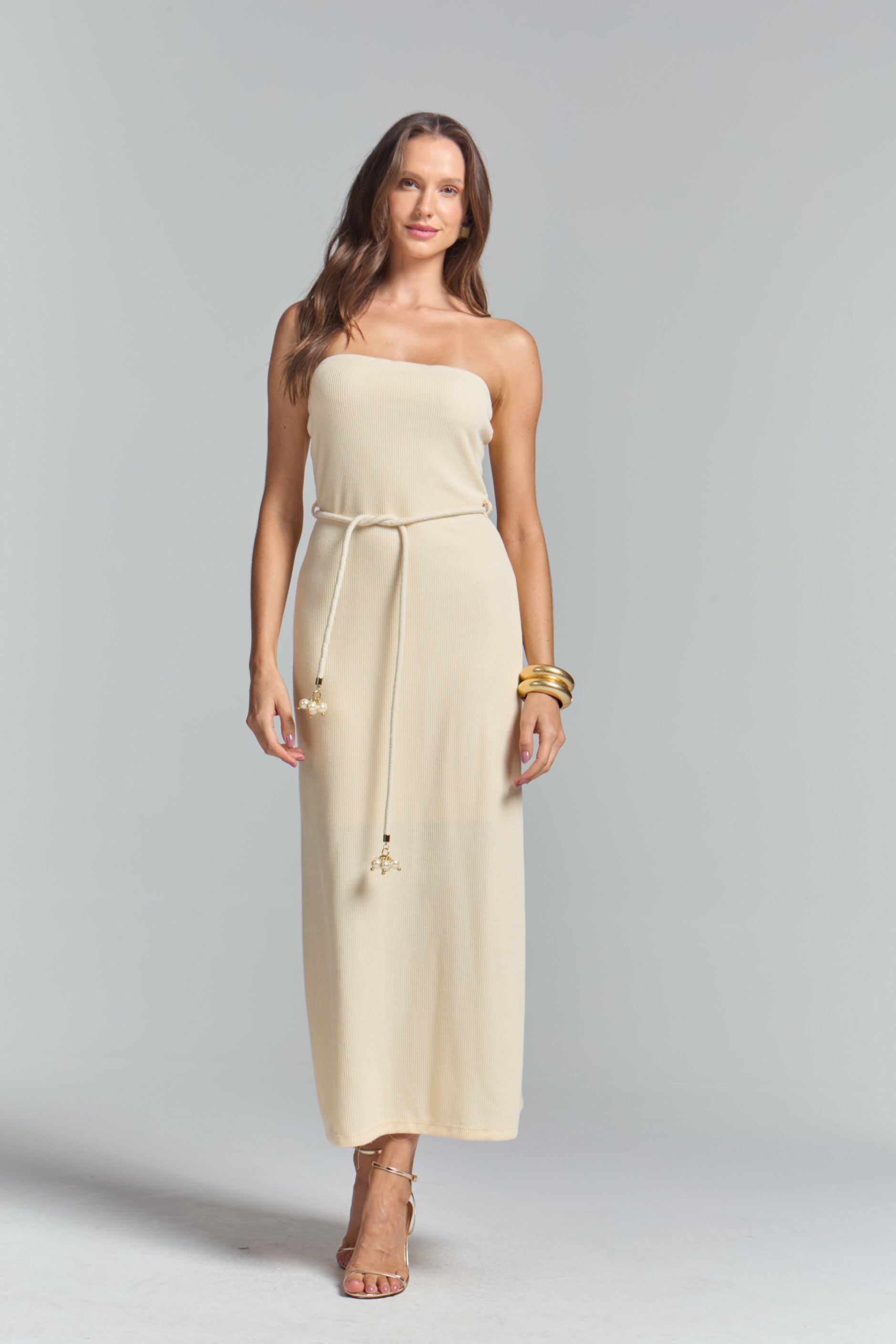 Vestido Com Cinto Bege Affogato