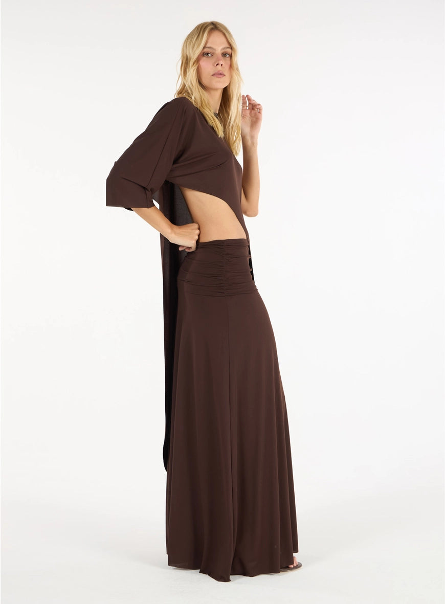 Conjunto Blusa Assimétrica E Saia Longa Marrom