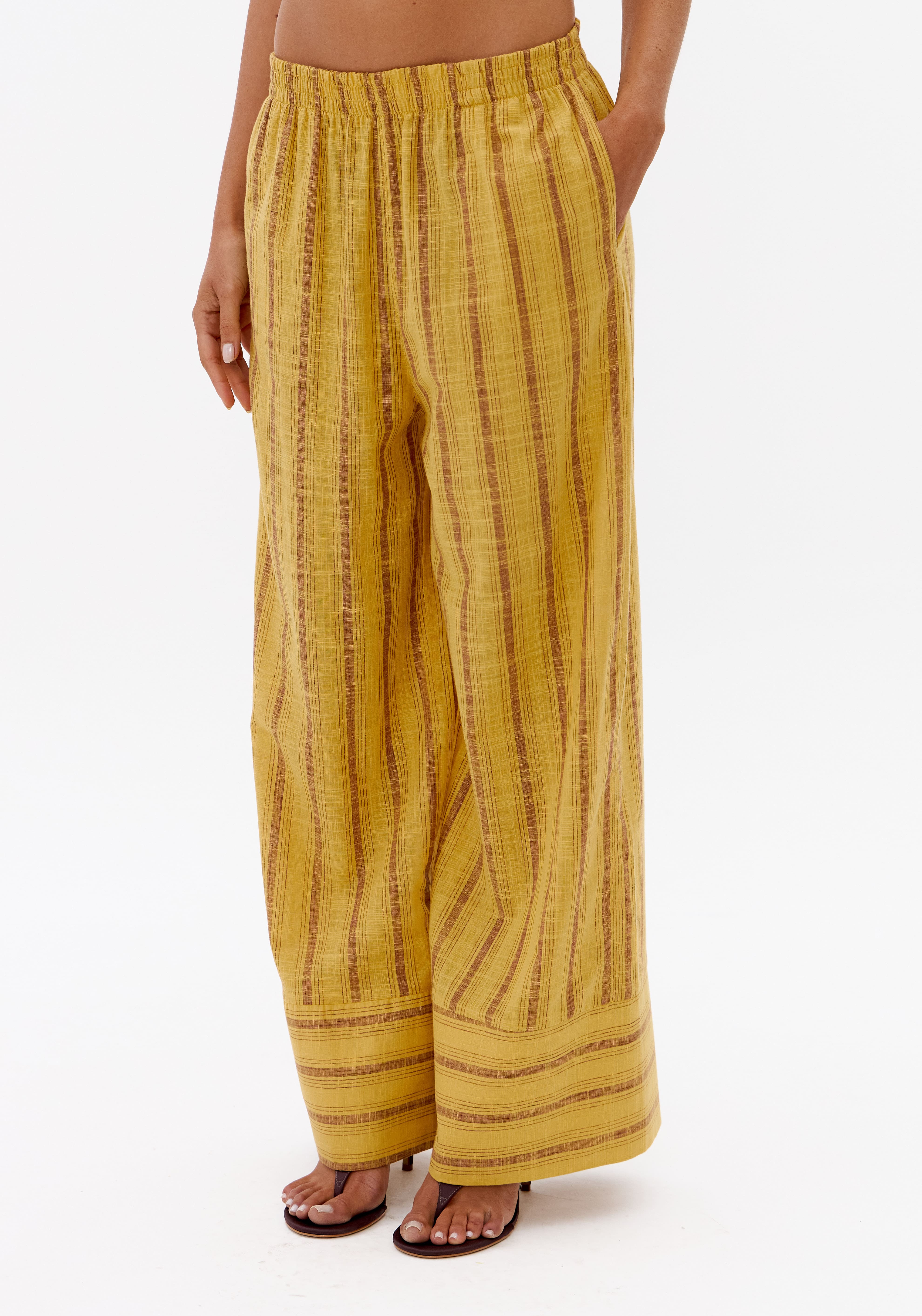 Calça Wide Leg Listrada De Algodão