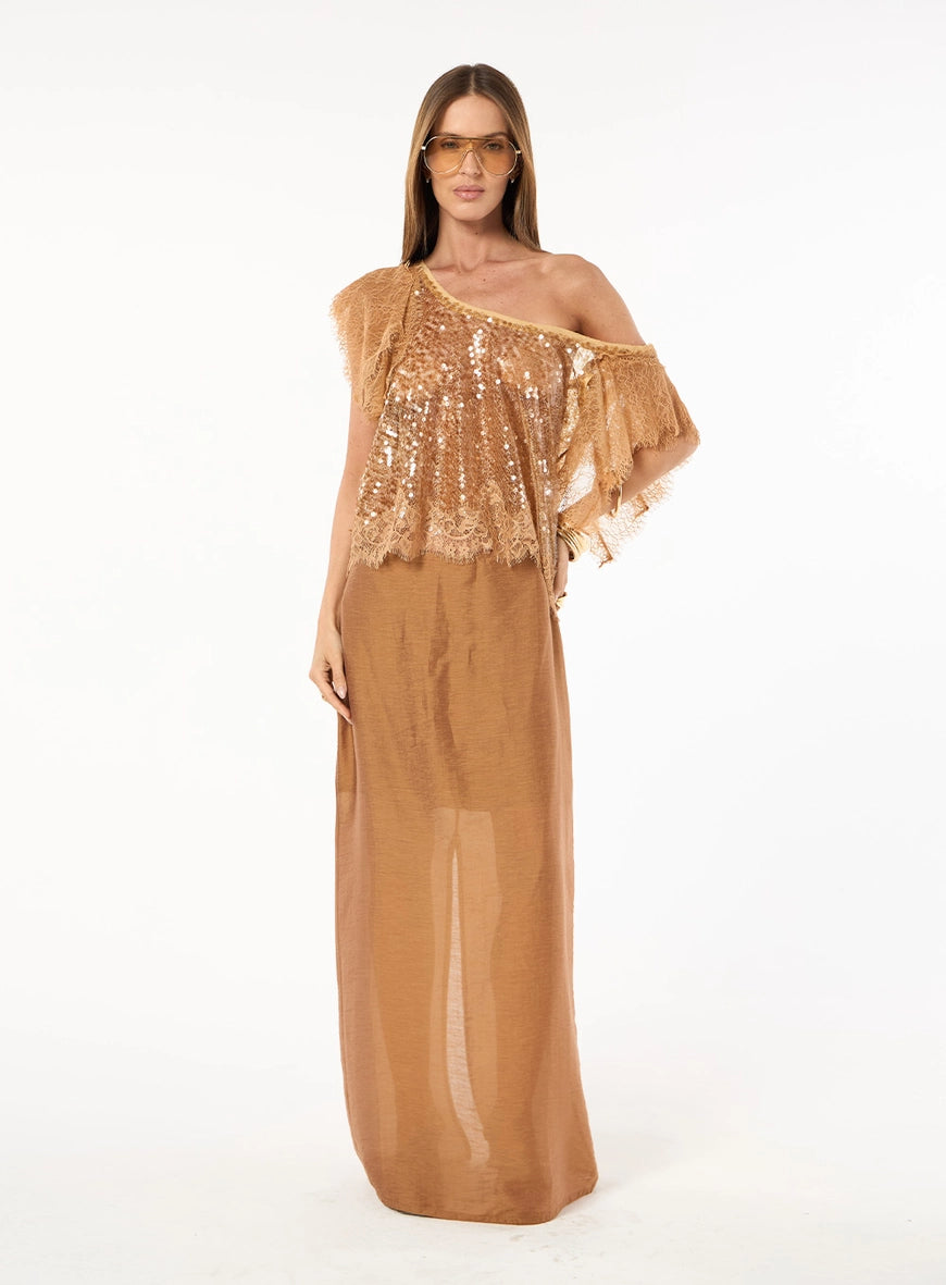 Blusa Paetê Detalhe Renda Bege Duvet