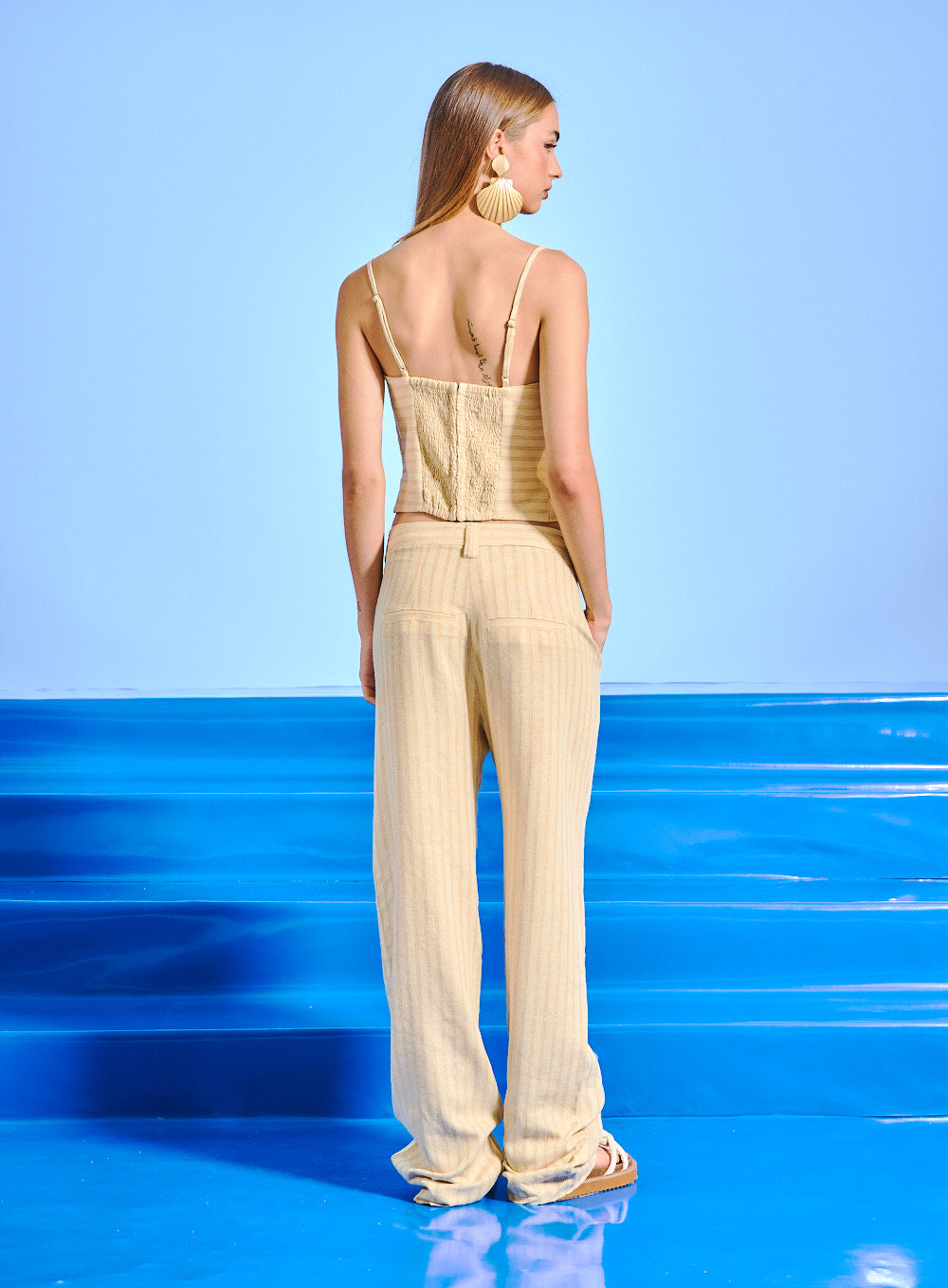 Calça Linho Listrada Cor: Palha