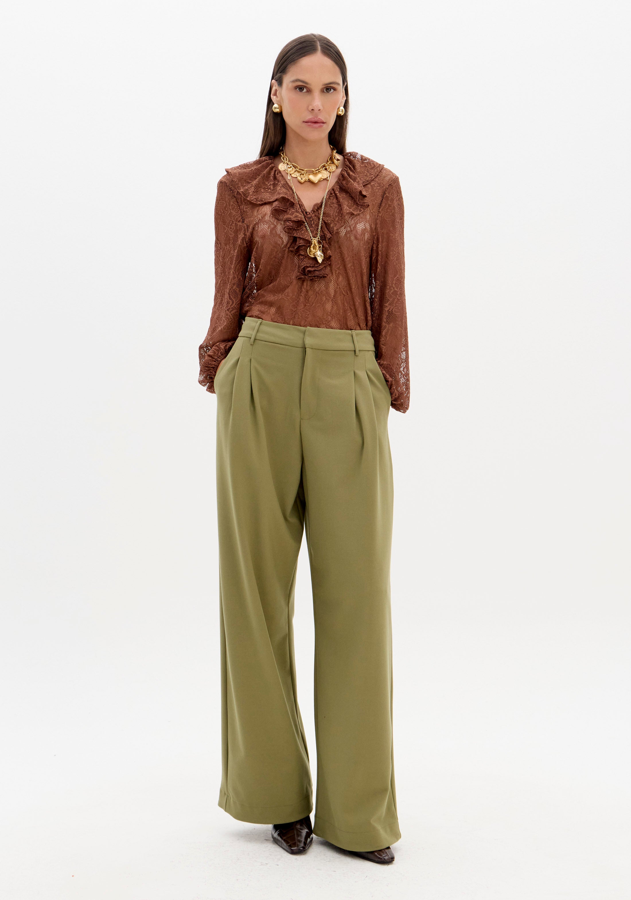 Calça Full Lenght Com Pregas Olive