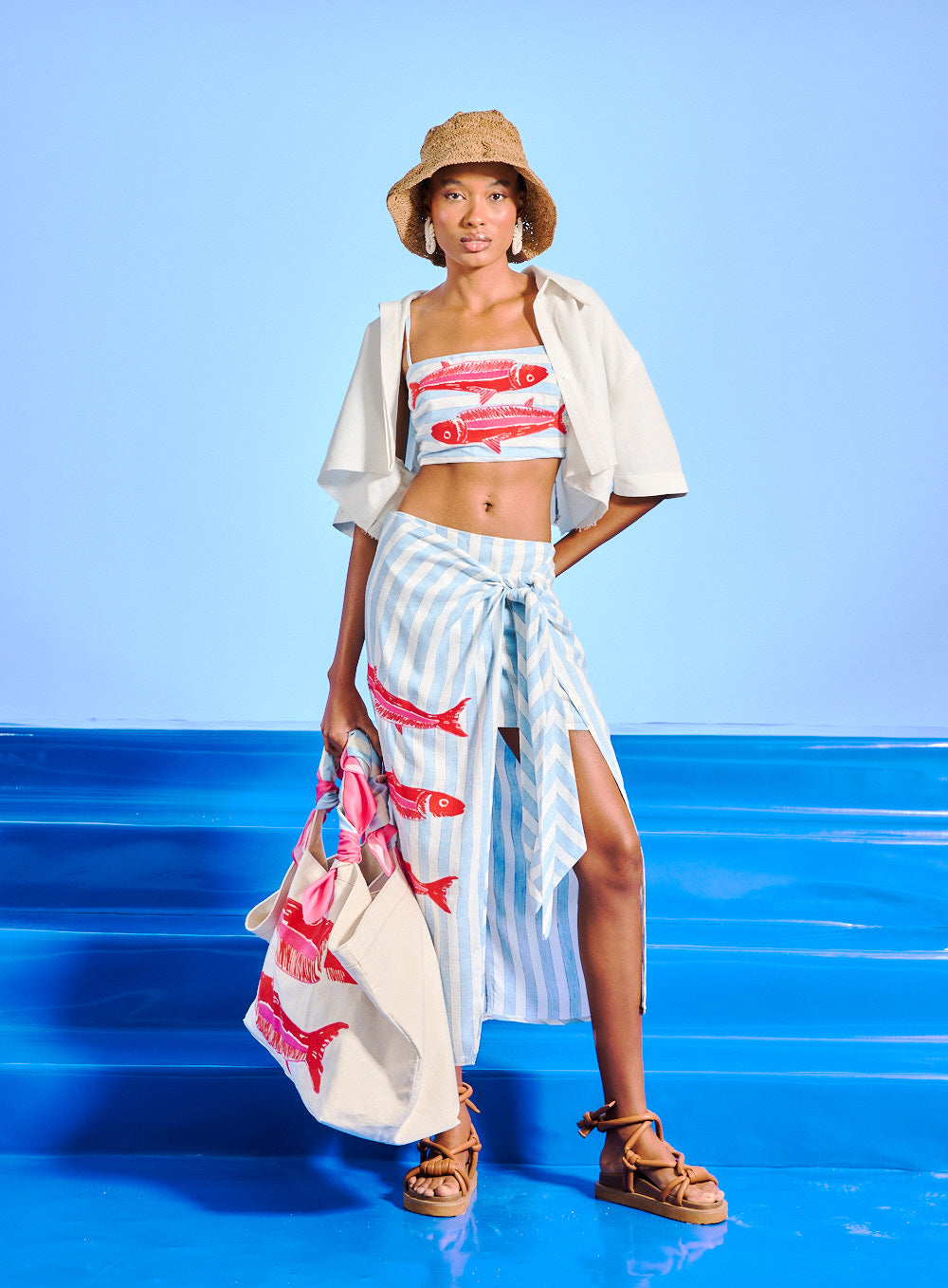 Saia Linho Listrado Com Bordado Peixe