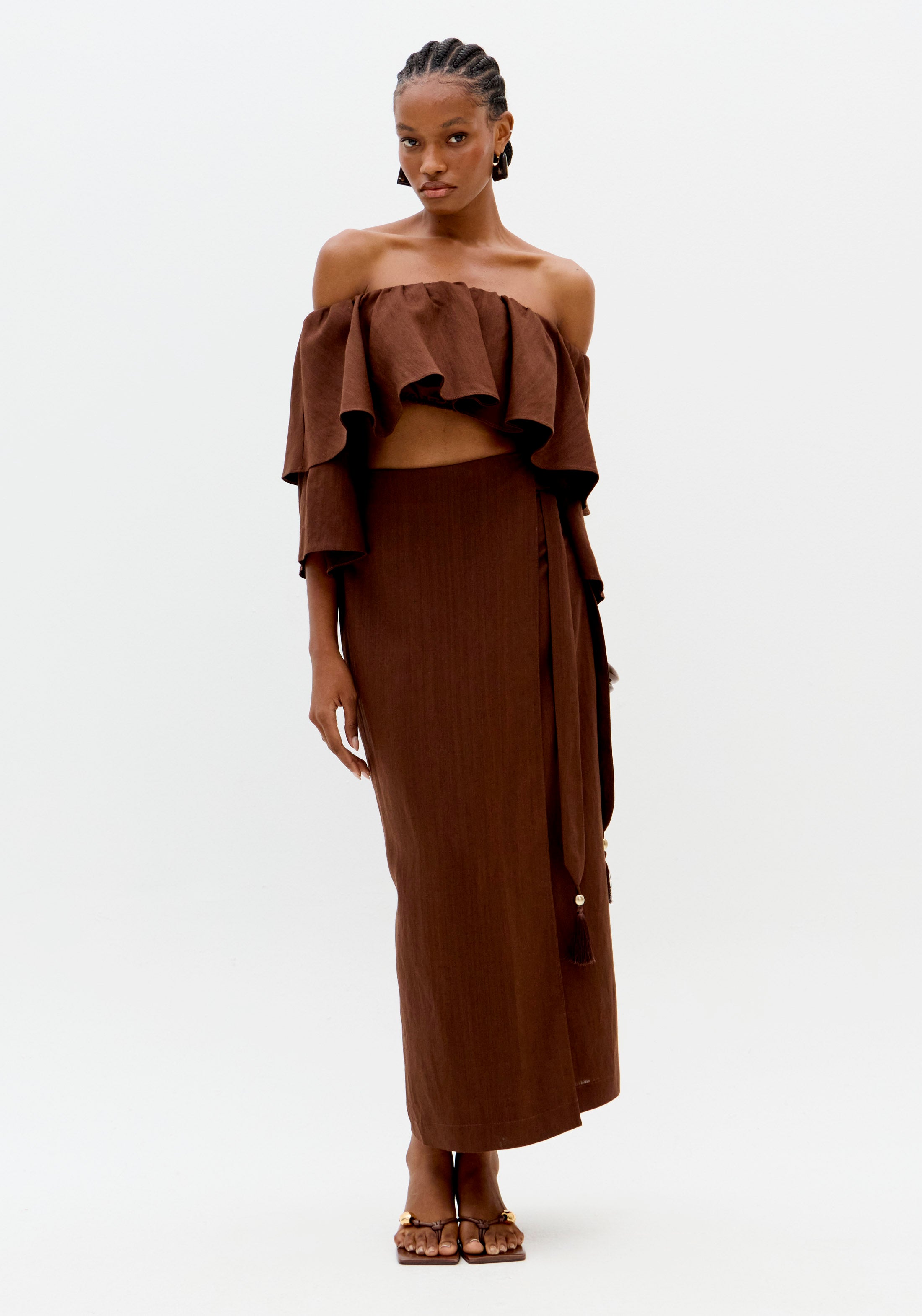 Saia Pareô Super Midi Com Linho Marrom