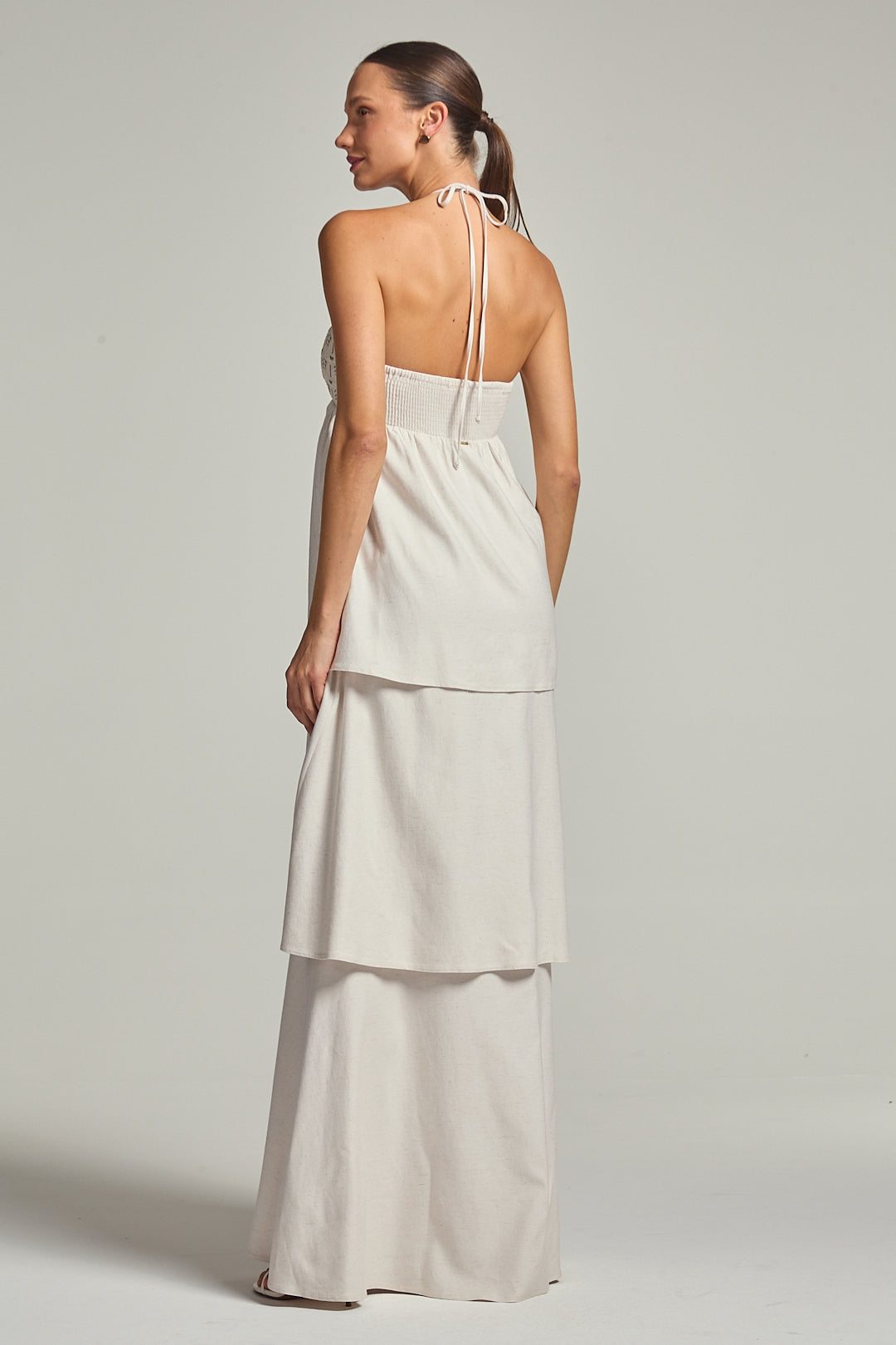 Vestido Linho Detalhe Bordado Bege Affogato