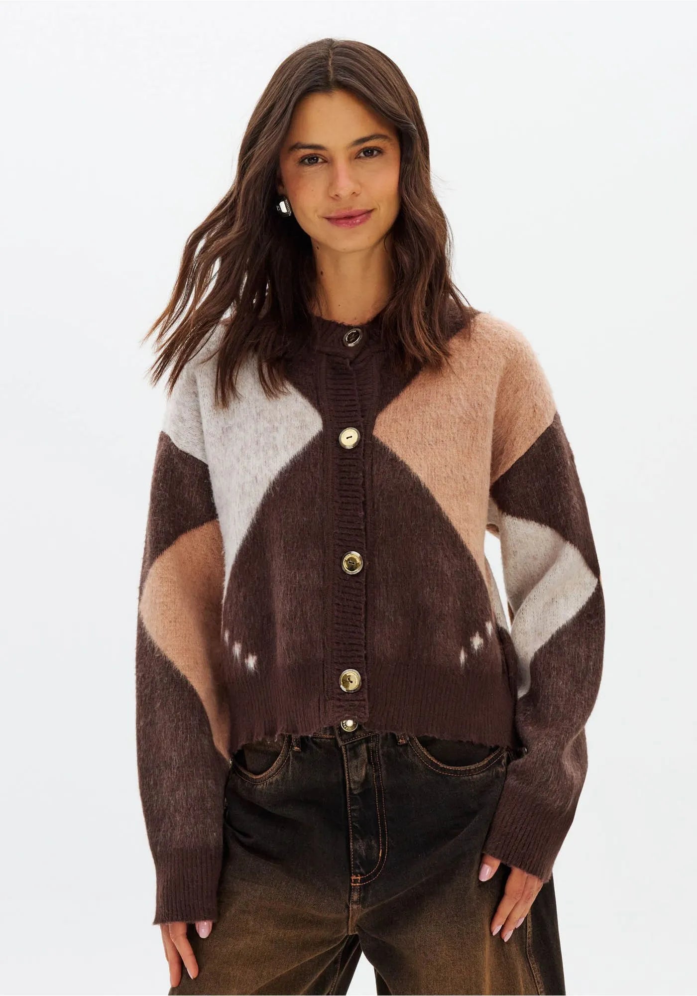 Casaco Cardiga De Trico Manga Longa De Jacquard
