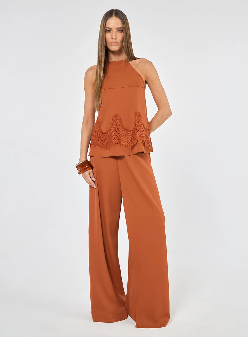 Conjunto Blusa Renda Calça Sobreposição Marrom Nordest