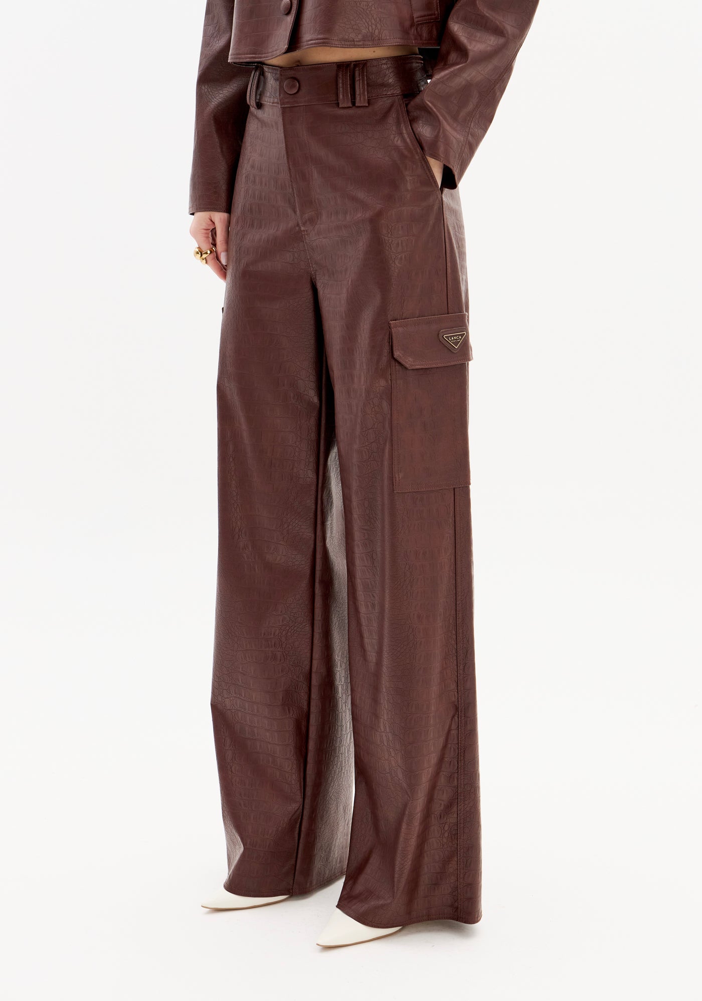 Calça Cargo Cintura Alta PU Croco