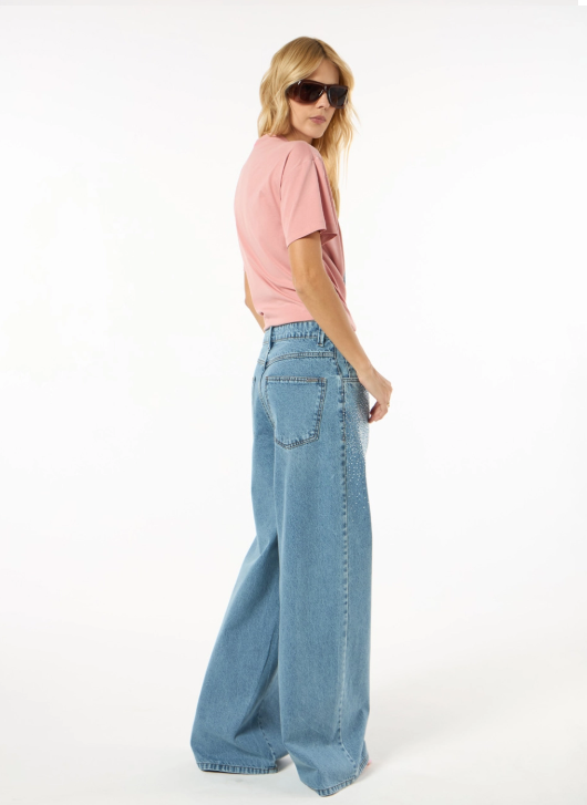 Calça Jeans Com Strass Azul Comfy