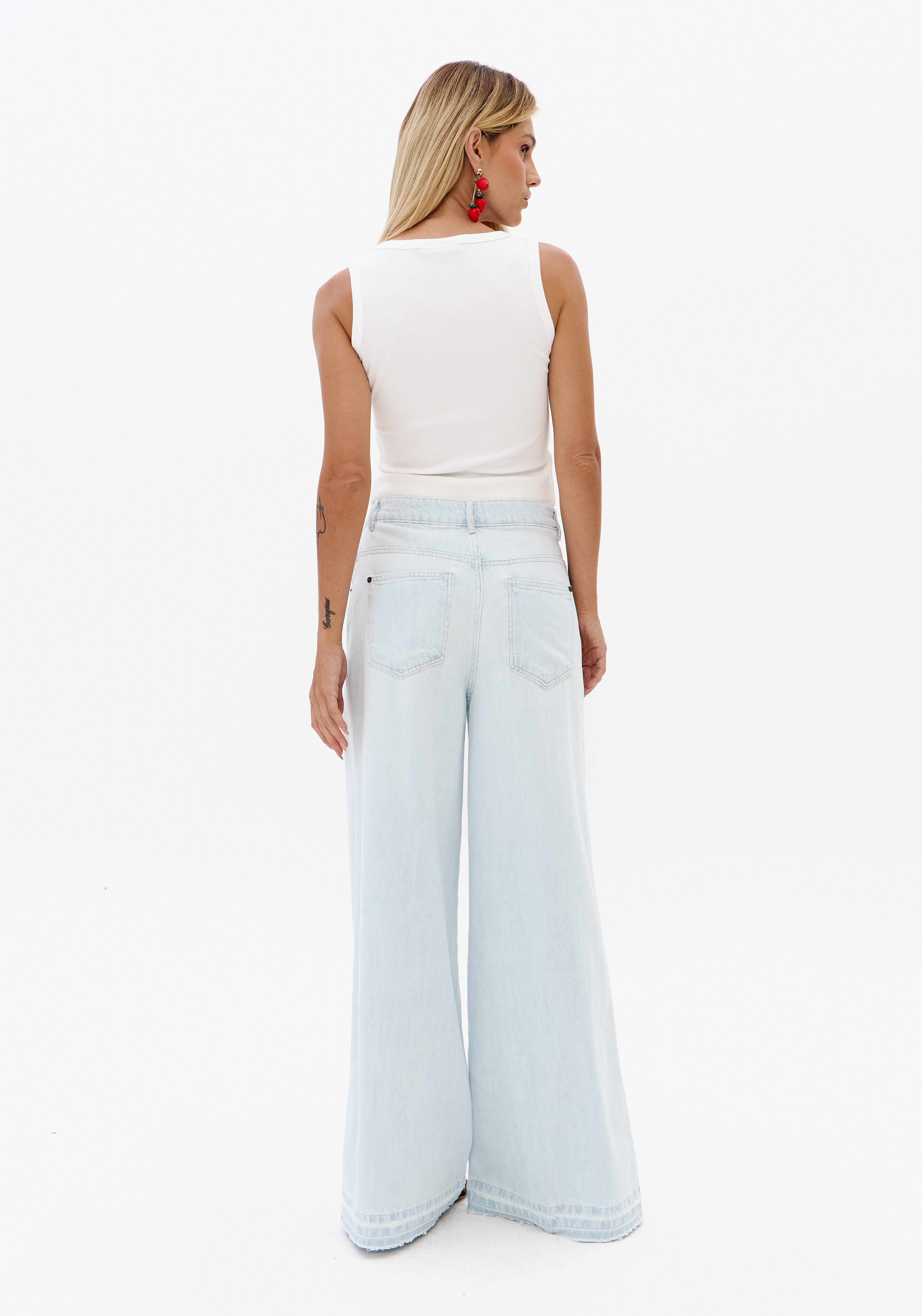 Calça Jeans Palazzo Cintura Média