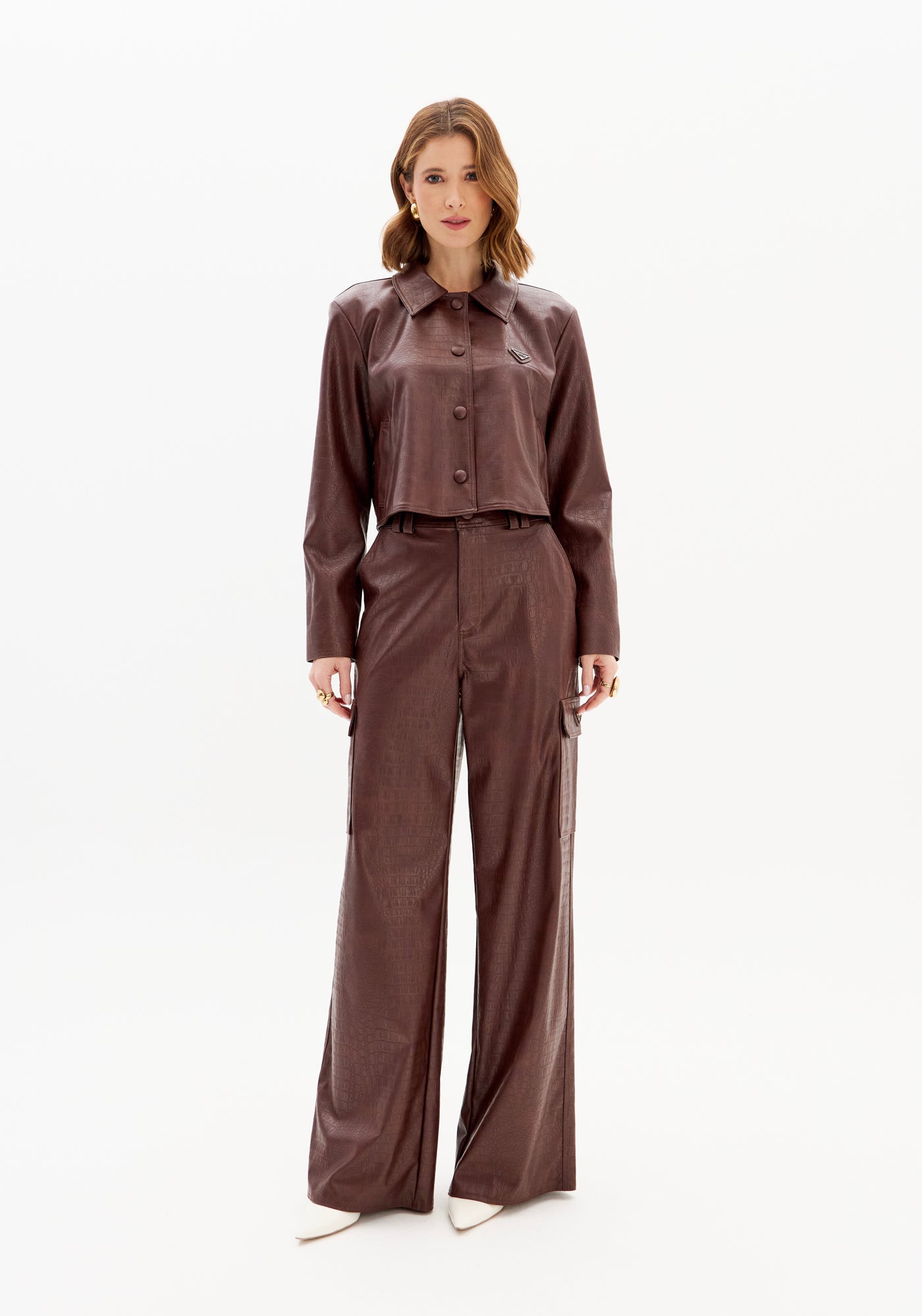 Calça Cargo Cintura Alta PU Croco