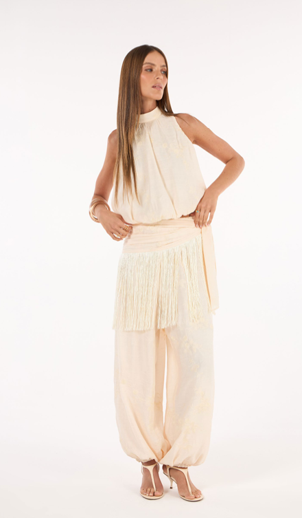Conjunto Blusa E Calça Aladim Bordado Bege Amendoim
