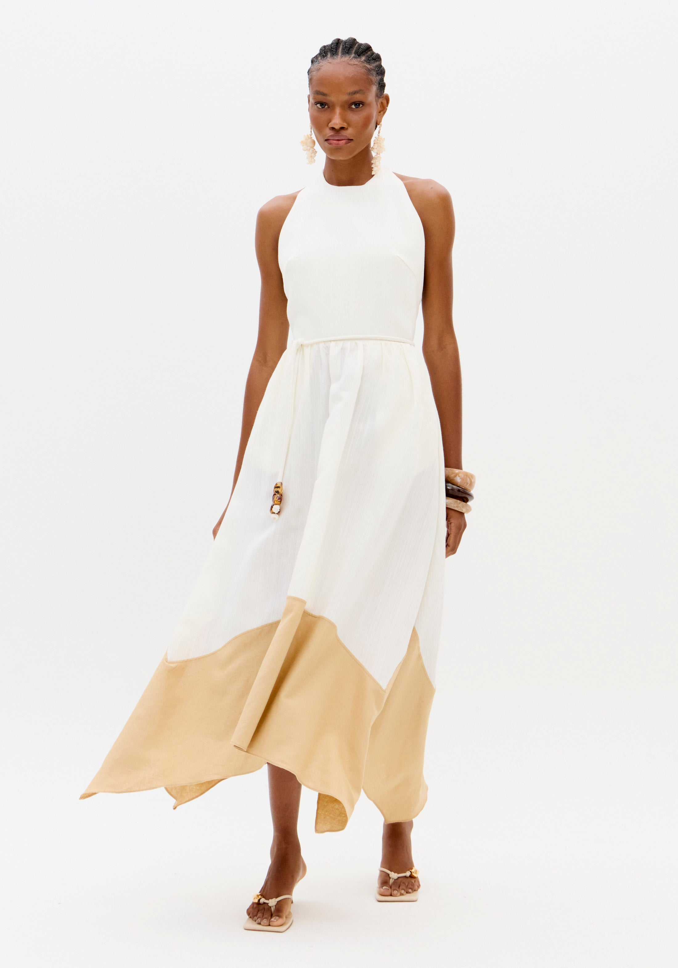 Vestido Longo Frente Única Com Linho Branco Com Bege