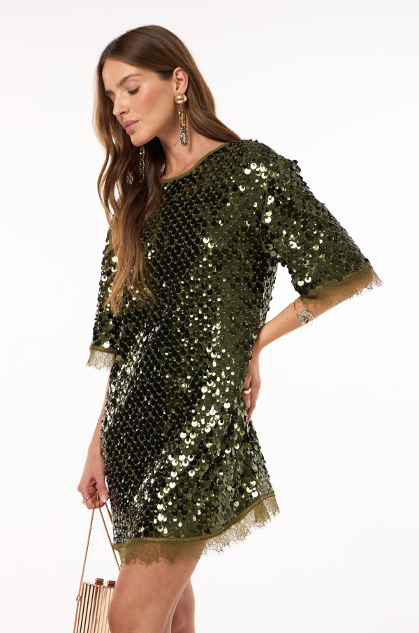 Vestido Camisetão Paete Com Barra Renda Verde Militaire