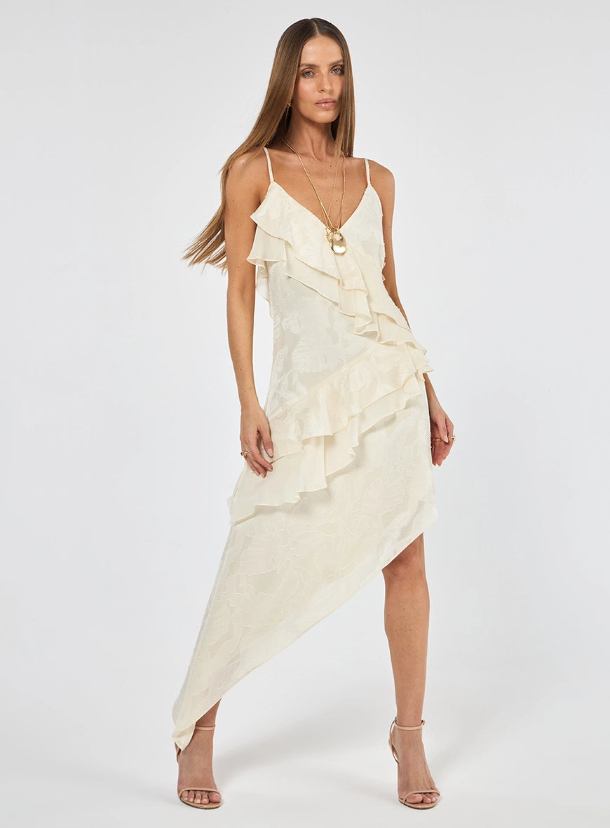 Vestido Midi Babados Bege Italian