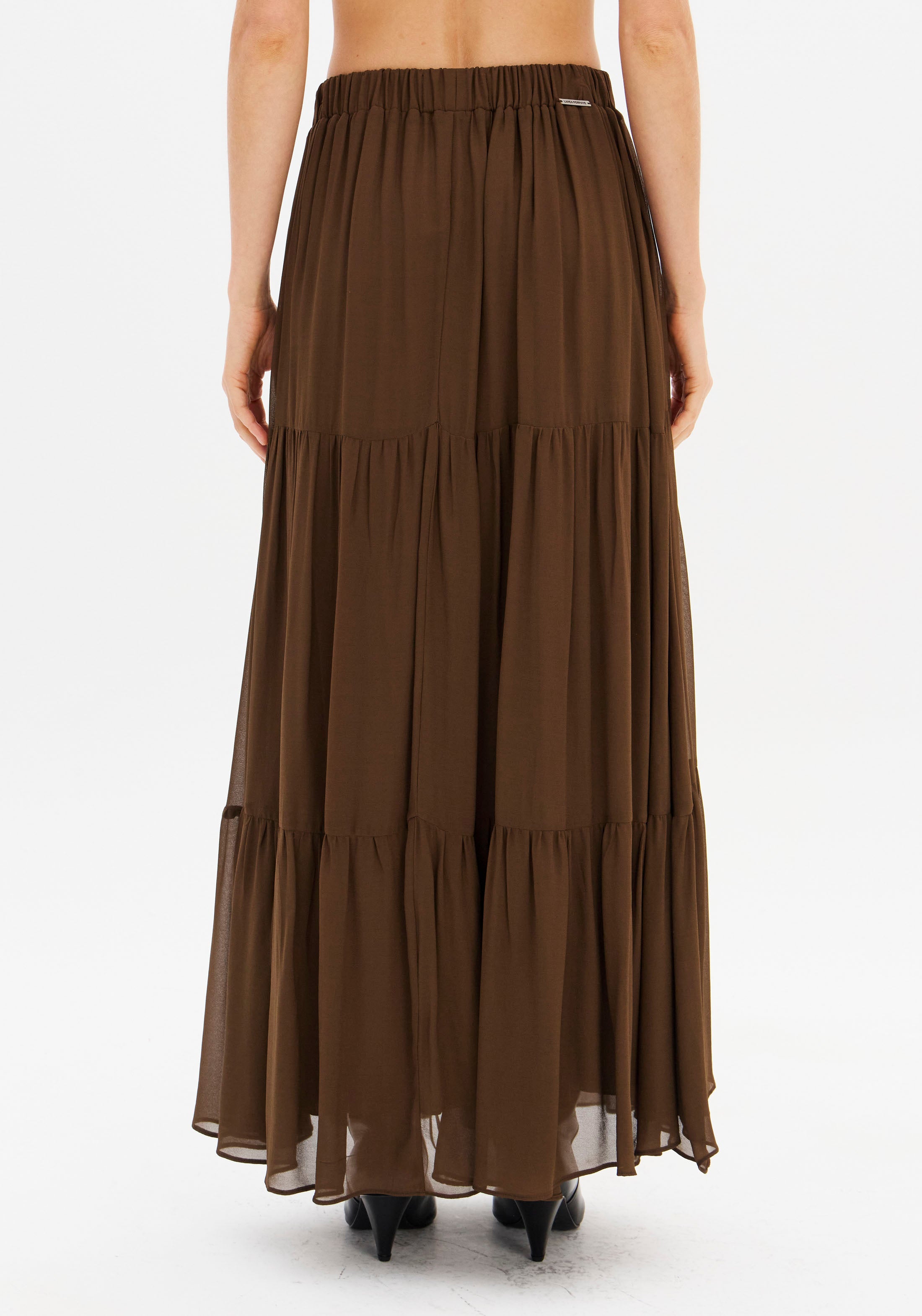 Saia Super Midi Evase De Chiffon Viscose Marrom