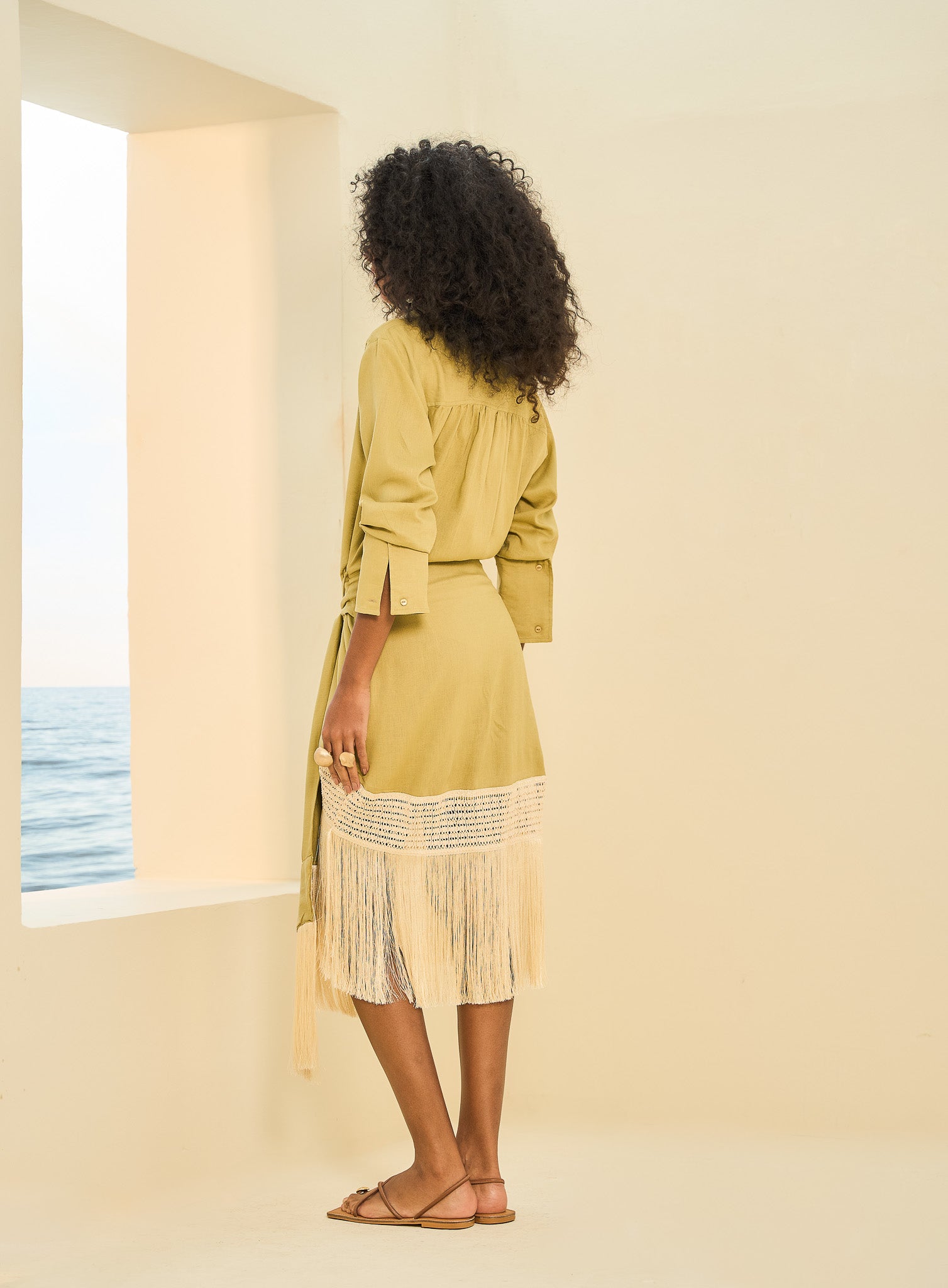 Vestido Linho Com Franja Verde Raffia