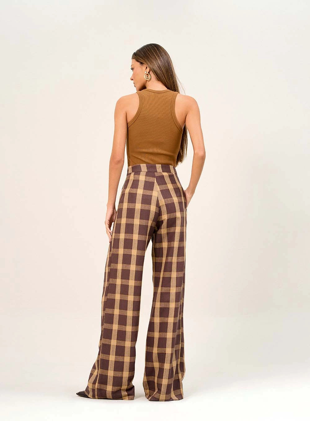 Calça Linho Xadrez Marrom/Bege