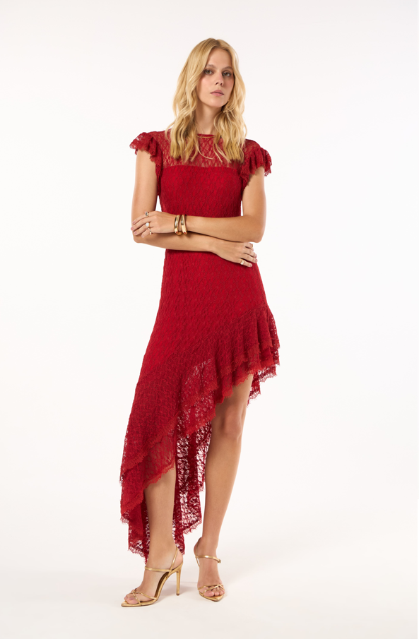 Vestido Midi Babados E Rendas Vermelho Temper