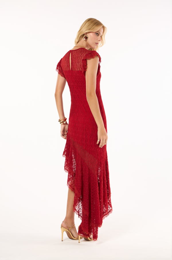 Vestido Midi Babados E Rendas Vermelho Temper