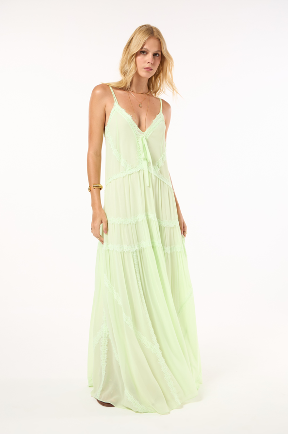 Vestido Longo Recortes Renda Verde Sune