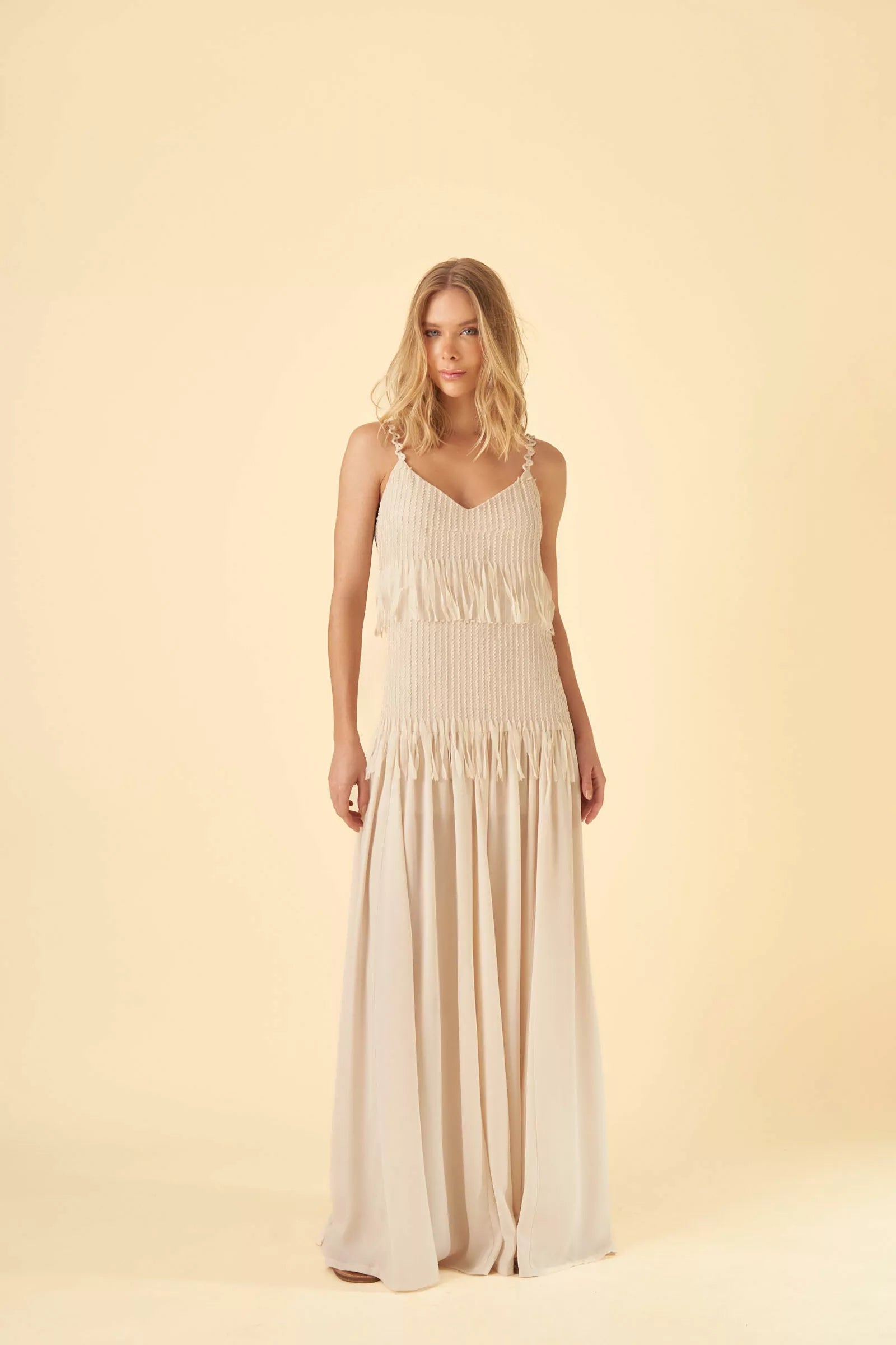 Vestido Longo Franjas Naturaleza