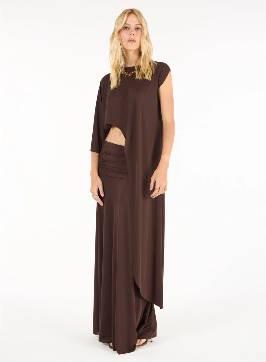 Conjunto Blusa Assimétrica E Saia Longa Marrom