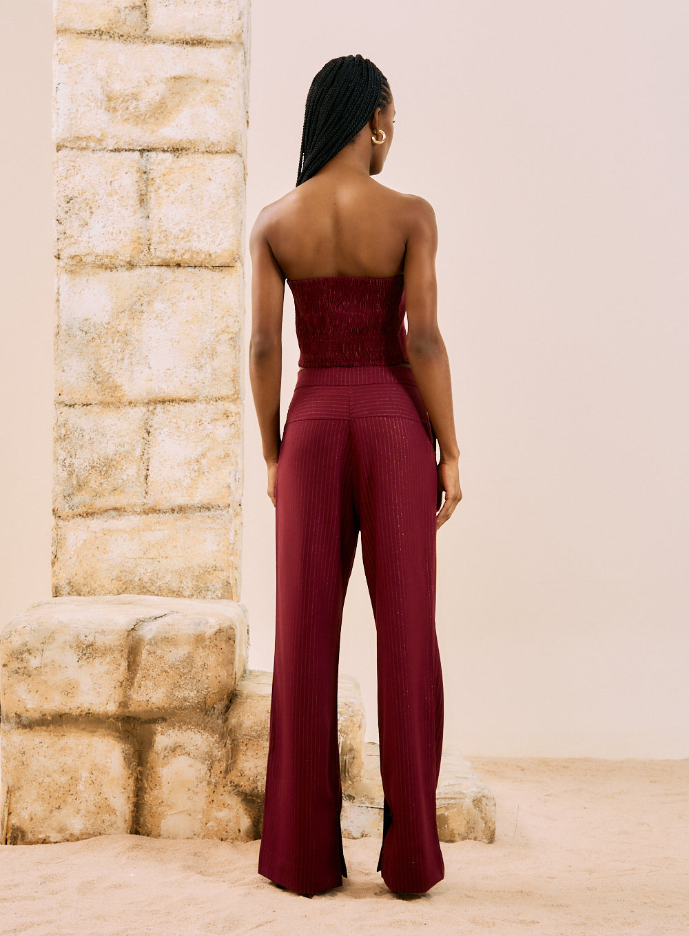 Calça Risca De Giz Bordo