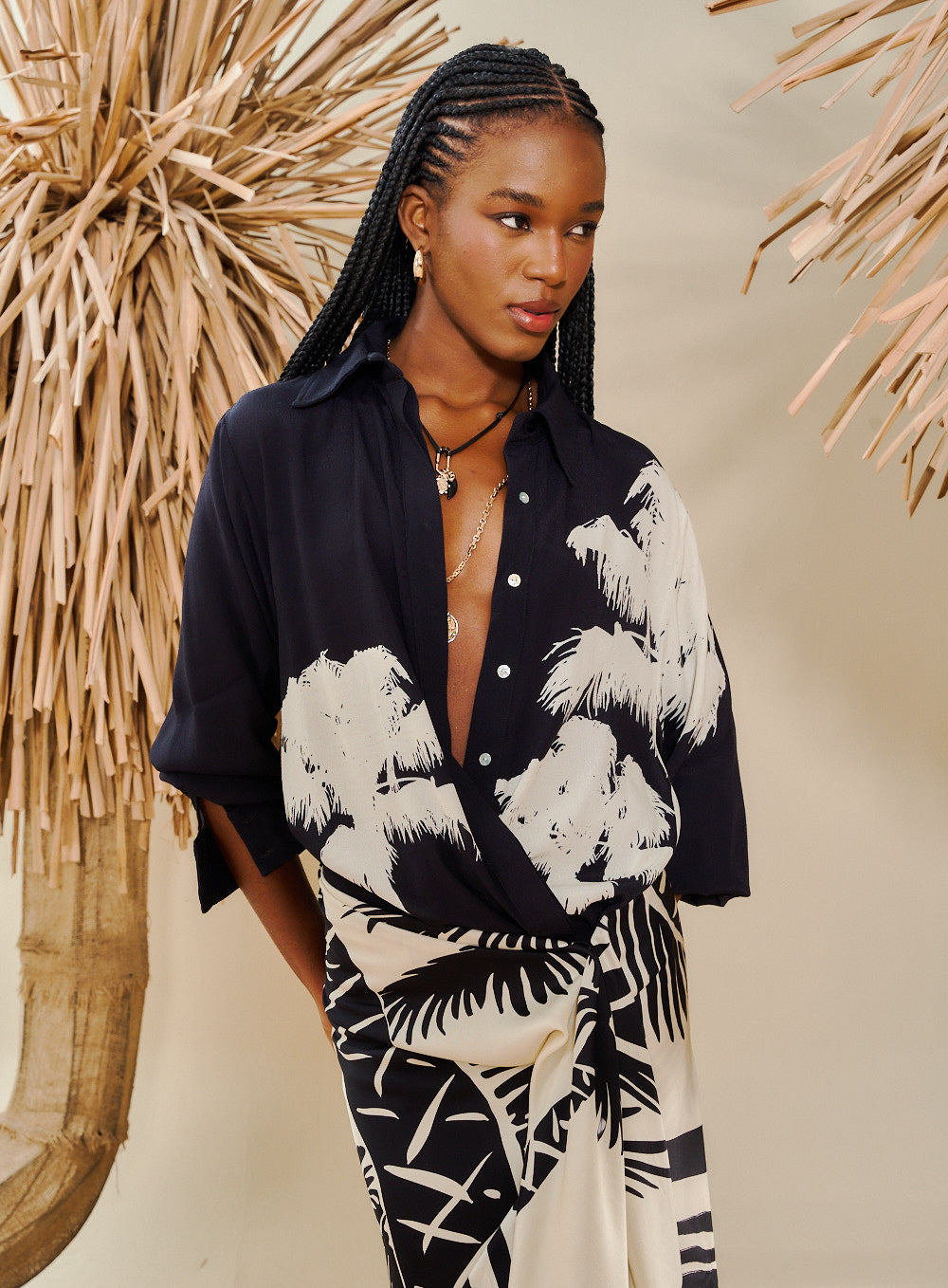 Camisa Linho Estampada Black Coconut