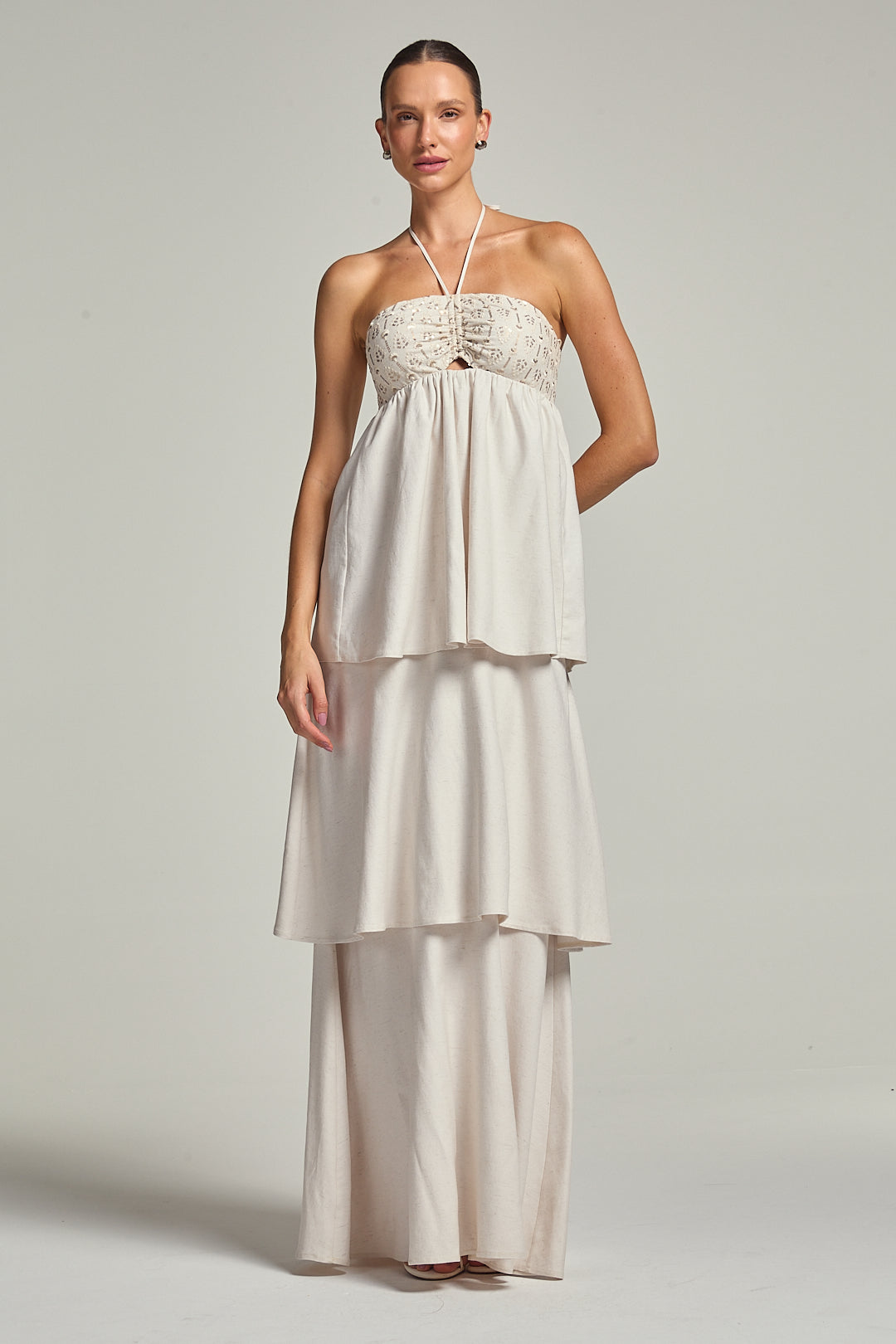 Vestido Linho Detalhe Bordado Bege Affogato