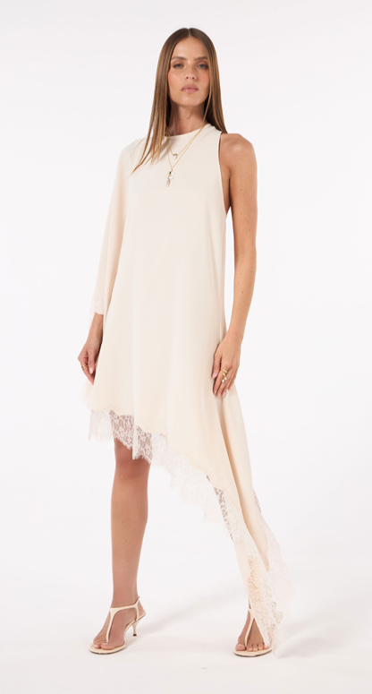Vestido Midi Assimetrico Bege Amendoim