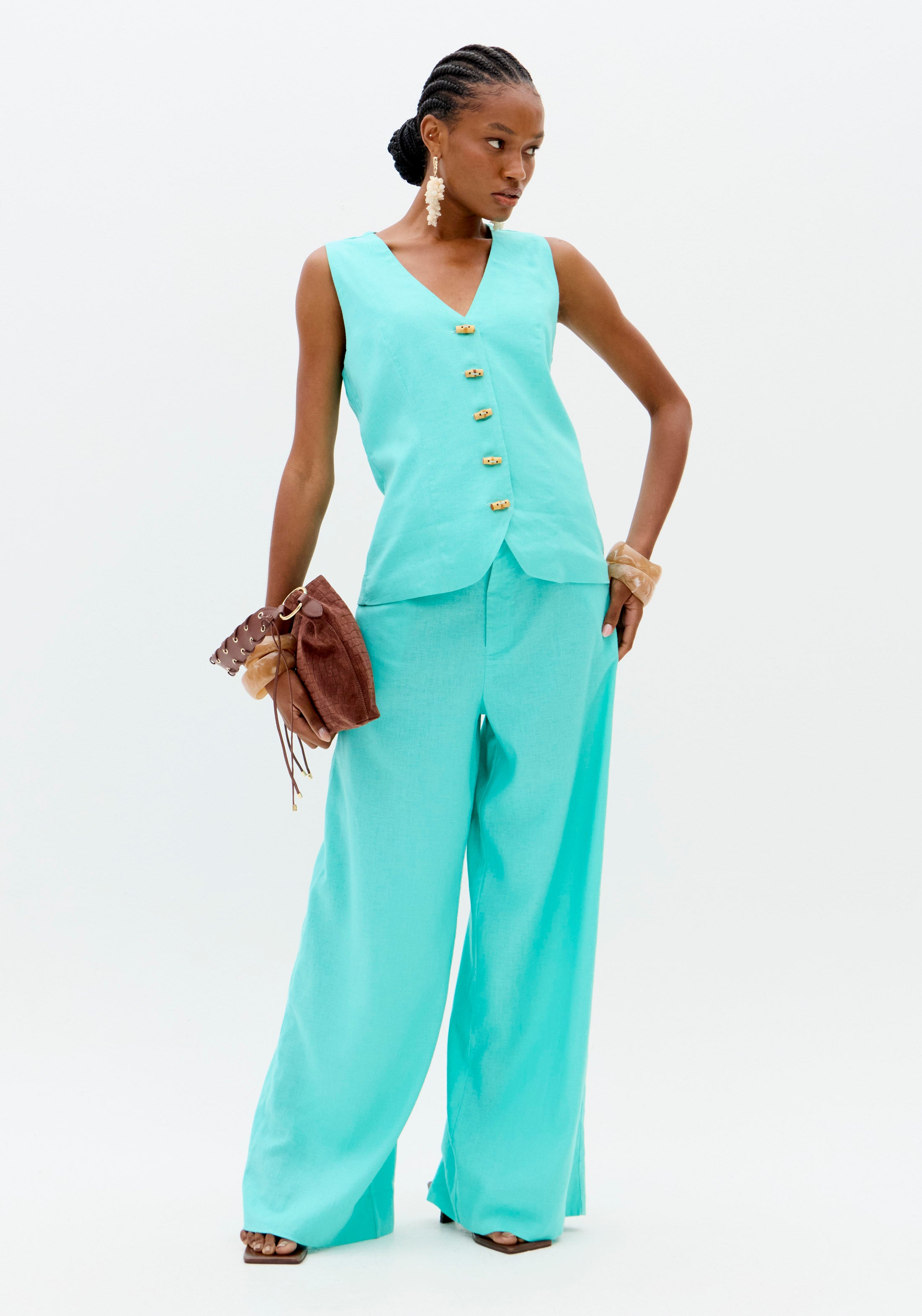 Calça Wide Leg Com Linho Turmalina