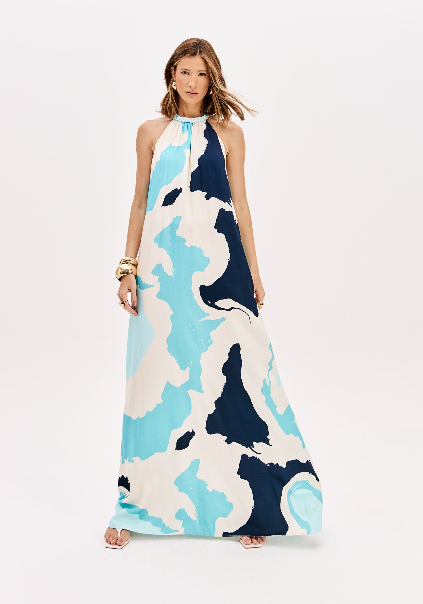 Vestido Longo Frente Única Estampado Marine Coast