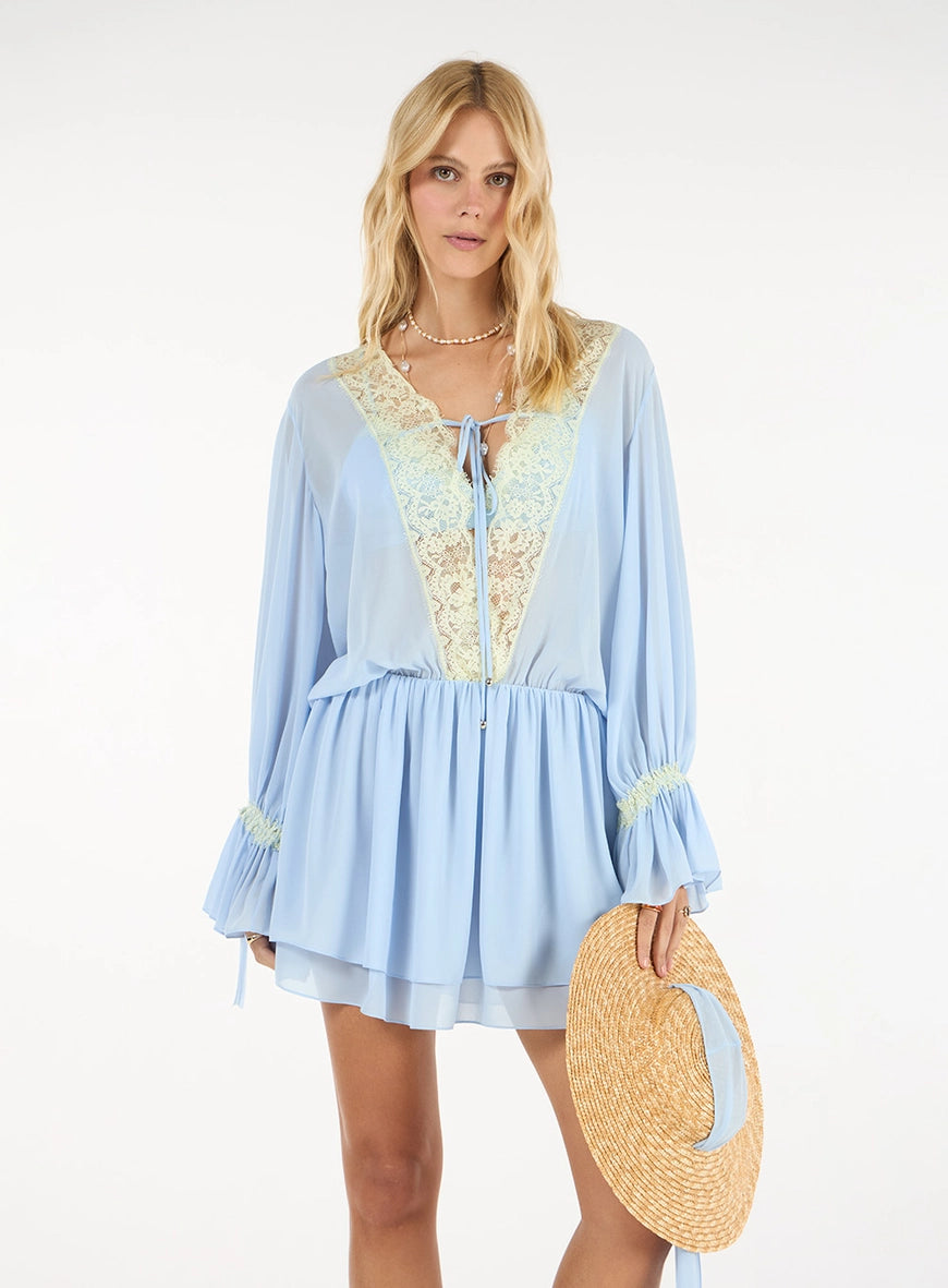 Vestido Curto Detalhes Renda Azul Comfy