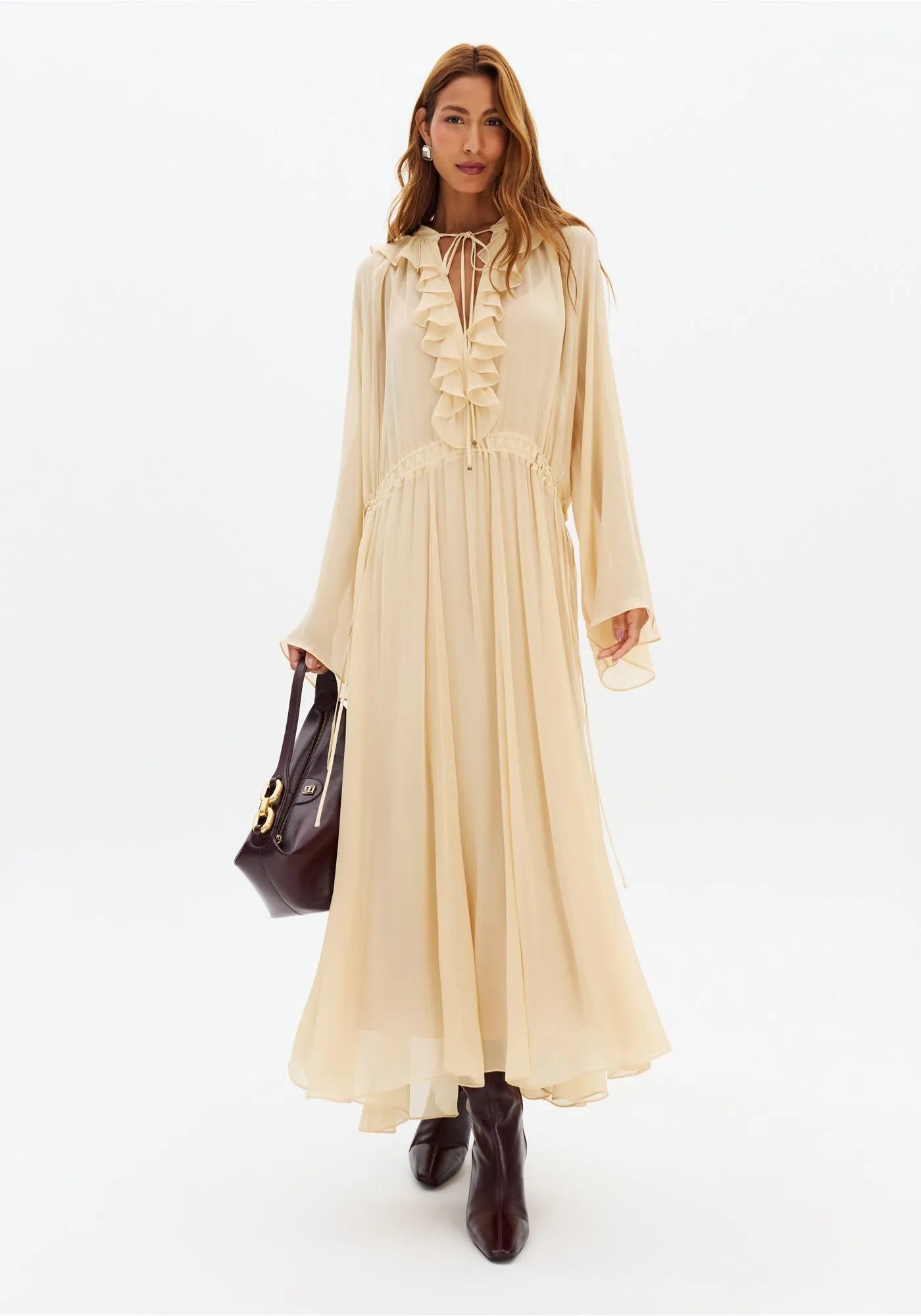Vestido Amplo Manga Longa De Chiffon