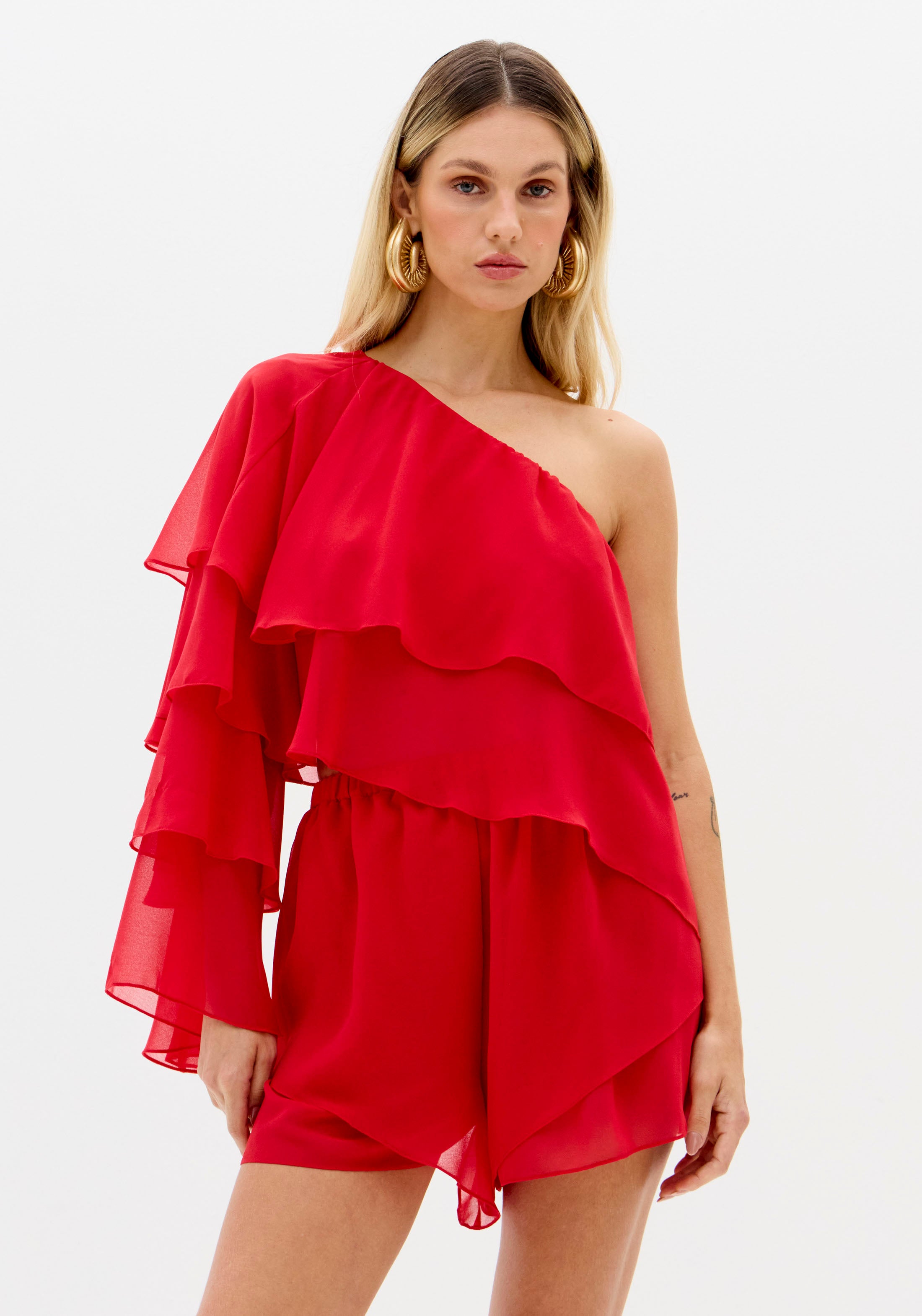 Blusa Ombro Único Com Babado Vermelho