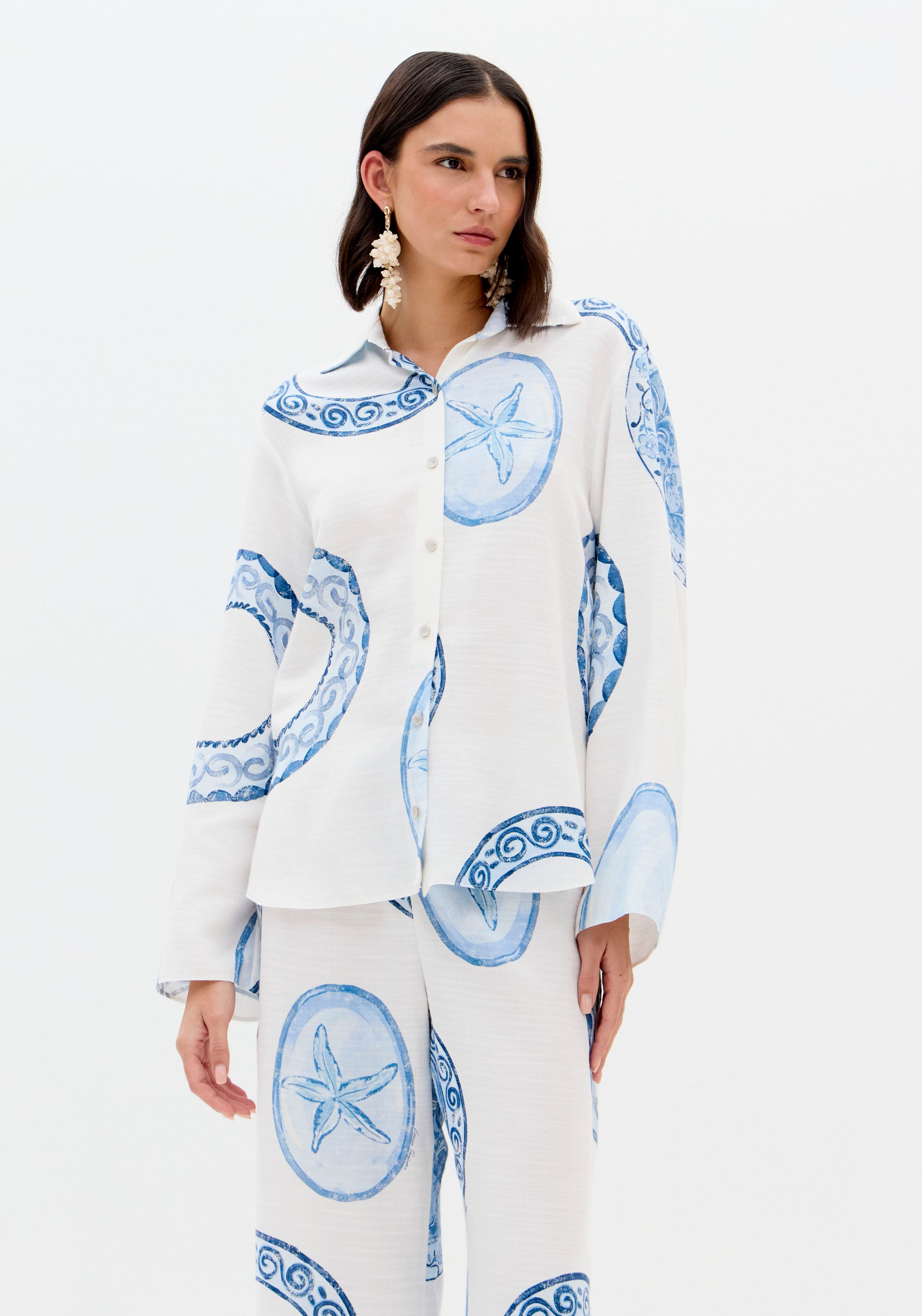 Camisa Ampla Estampada Blue Breeze