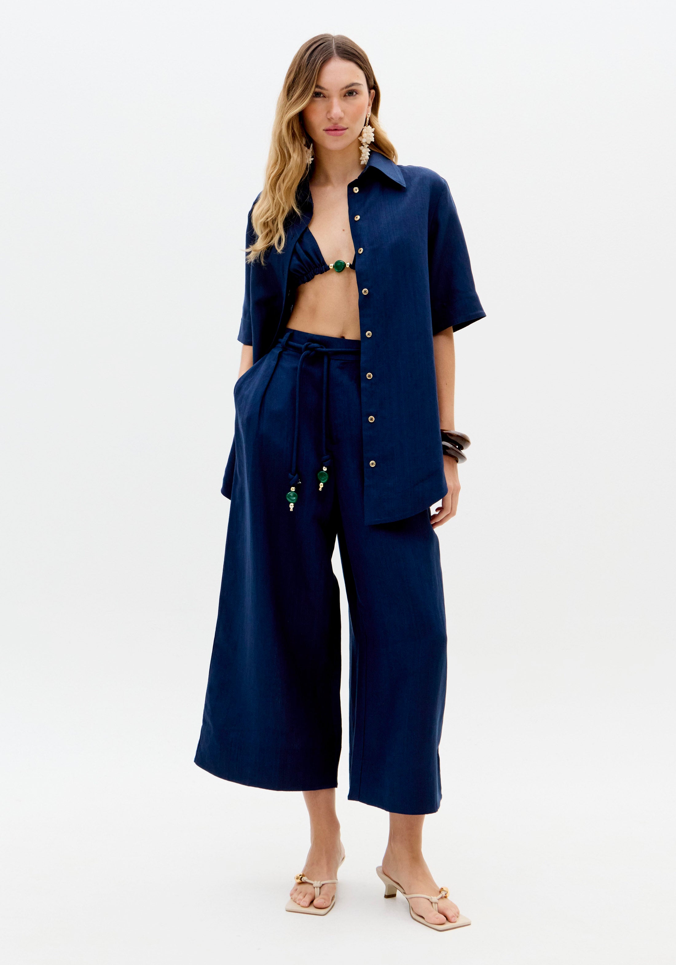 Calça Pantacourt Com Linho Azul Profundo