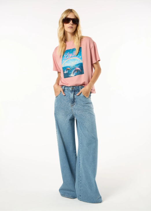 Calça Jeans Com Strass Azul Comfy